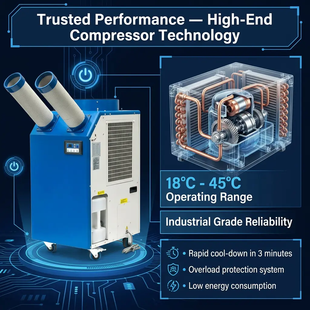 OEM 14L голям резервоар 2700 W мощност 9300 BTU Ротационен компресор Преносим точков охладител Промишлен климатик за работилница OEM 14L голям резервоар 2700 W мощност 9300 BTU Ротационен компресор Преносим точков охладител Промишлен климатик за работилница